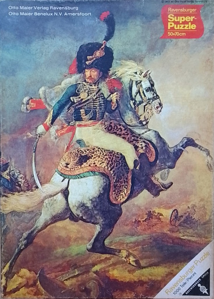 An oil painting of a Napoleonic-era cavalry officer in a tall fur hat riding a rearing white horse.