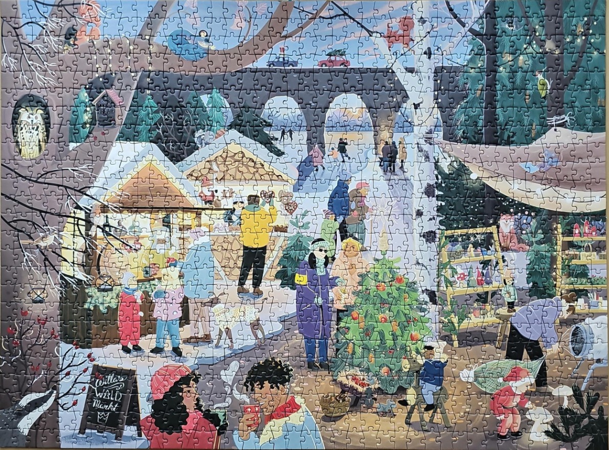 Illustrated winter scene of a bustling Christmas market under an arched bridge