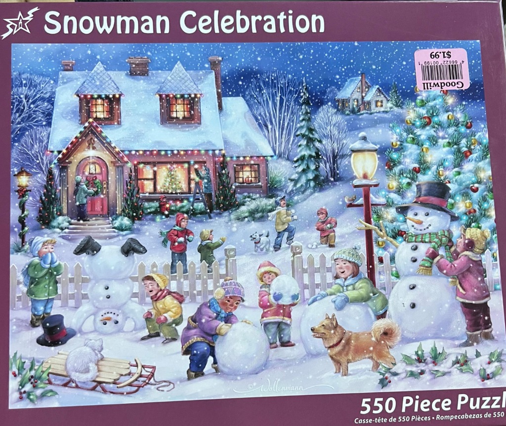 Illustration of children playing in the snow in front of a house decorated for Christmas with a snowman.