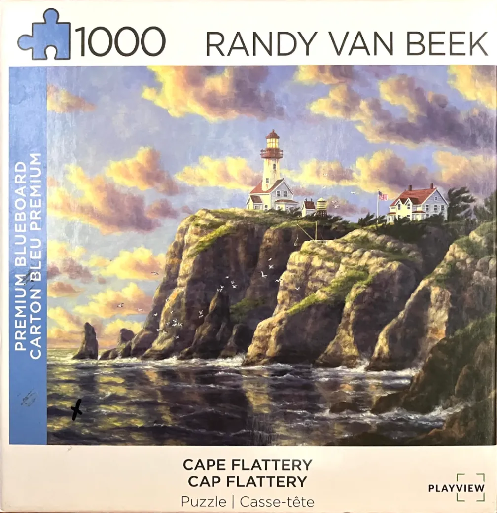 Oil painting of a lighthouse perched on a rugged cliffside overlooking the ocean at sunset.