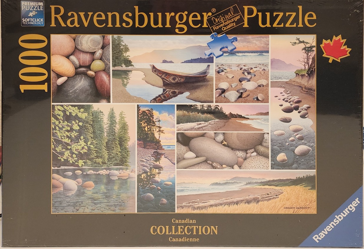 A collage of coastal landscape paintings and close-ups of smooth beach stones.