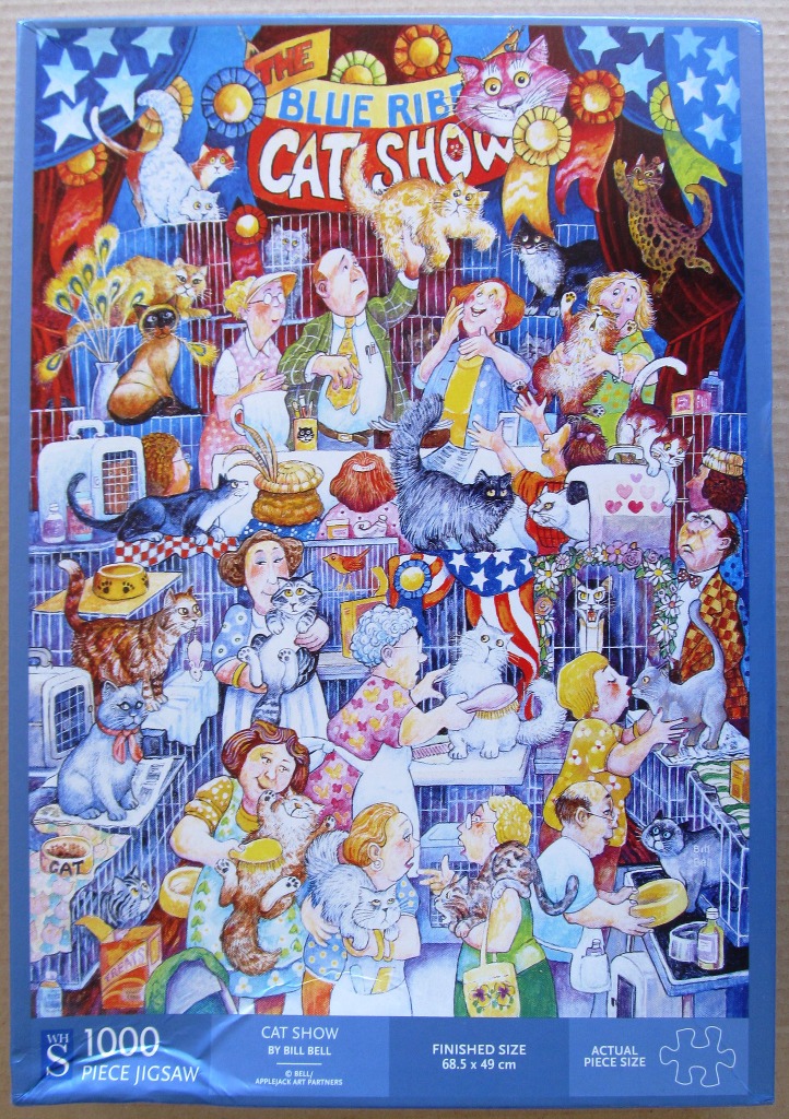 Cartoon illustration of a busy cat show with numerous cats and owners in a chaotic exhibition hall.