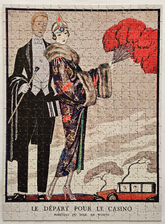 Art Deco illustration of an elegant couple in formal evening wear with a vintage car, captioned Le Depart Pour Le Casino.