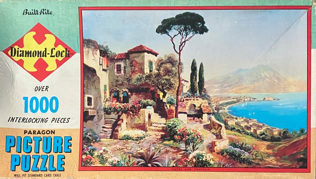 An oil painting of a Mediterranean seaside village with Mount Vesuvius in the background.