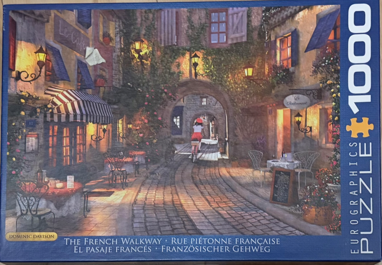 Painting of a cobblestone street in a French village with a woman riding a bicycle toward an archway.