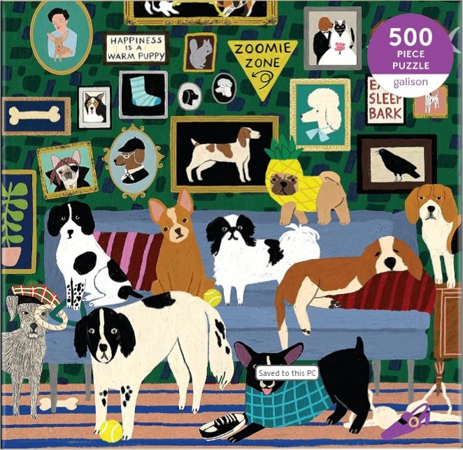 Illustration of many dogs lounging on and around a blue sofa against a dark green patterned wall.
