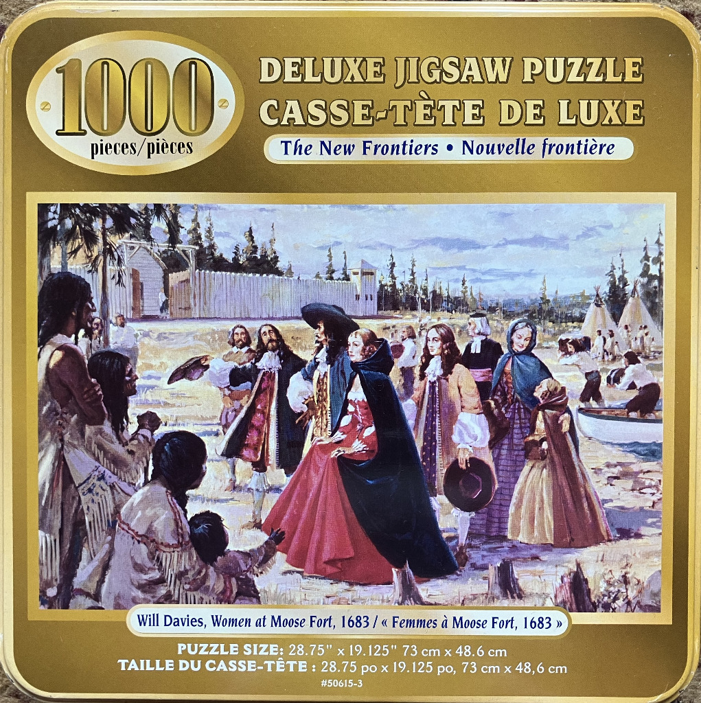 Historical oil painting showing European settlers and Indigenous people at Moose Fort in 1683.
