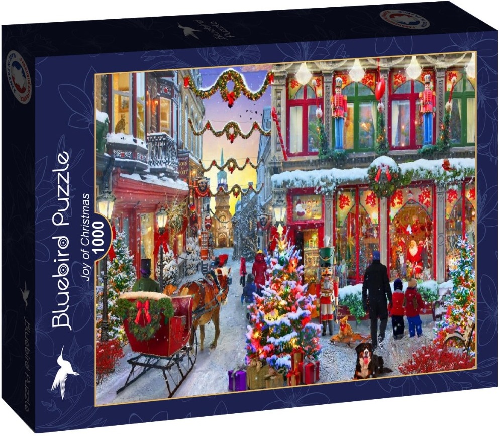 A festive European street scene in winter featuring a horse-drawn sleigh, Christmas trees, and storefronts decorated for holi