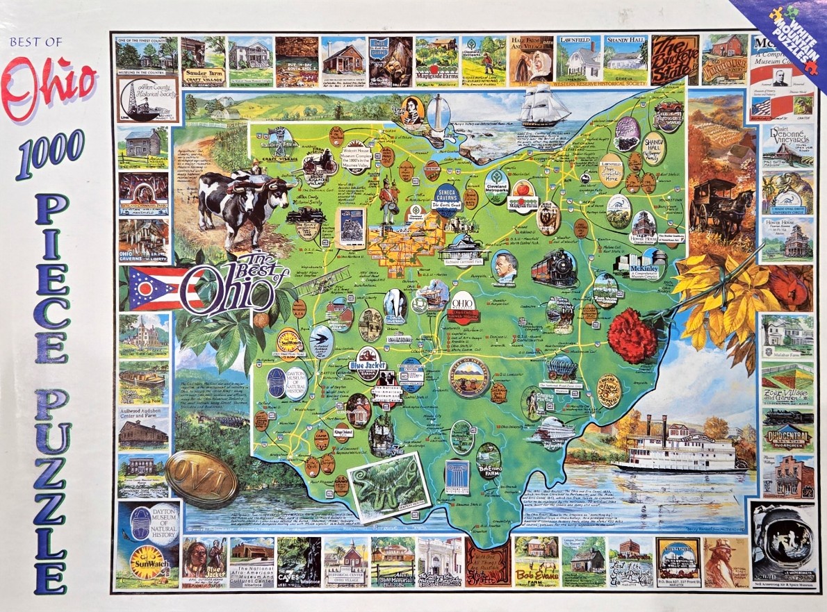 Illustrated pictorial map of Ohio featuring regional landmarks, historical sites, and cultural icons.