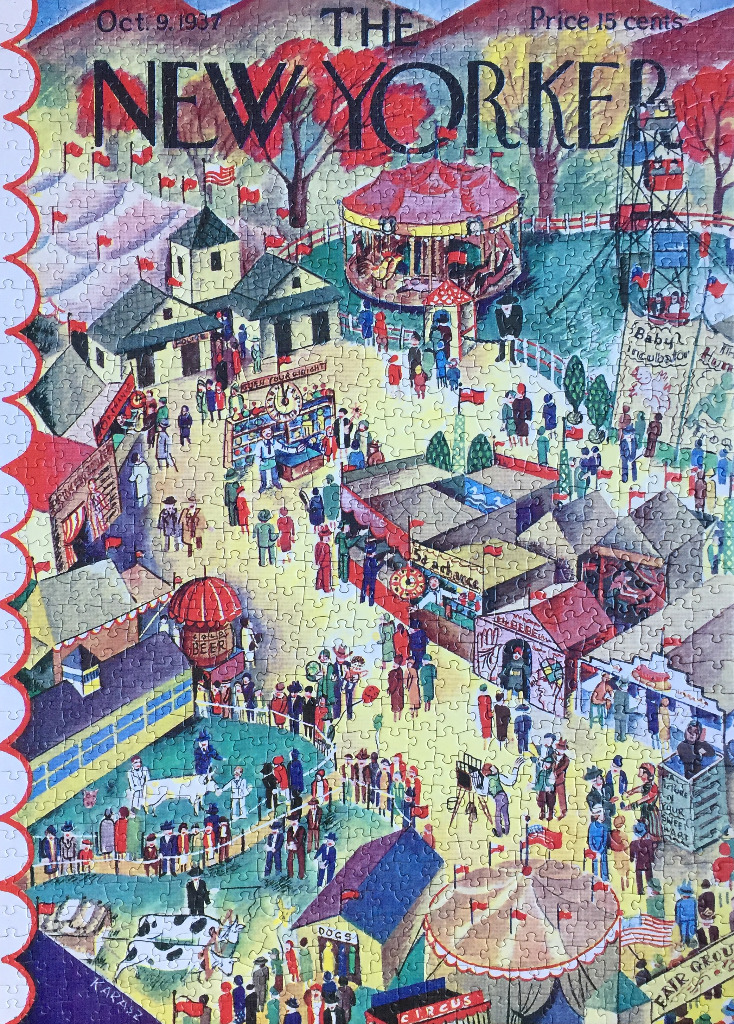 An illustrated depiction of a busy 1930s county fair, styled as a vintage magazine cover.