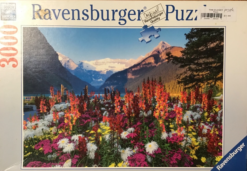 A scenic photograph of a vibrant flower garden with a turquoise lake and snow-capped mountains in the background.