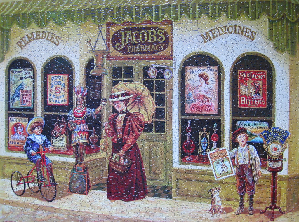 An illustration of an old-fashioned pharmacy storefront with period-dressed people and vintage advertisements.
