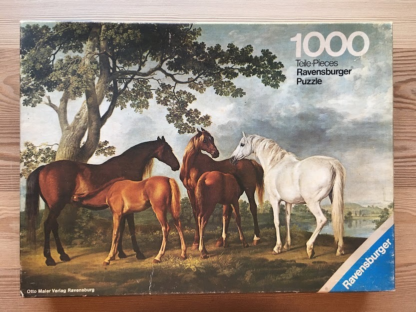 Oil painting of three adult horses and two foals standing in a pastoral landscape under a stormy sky.