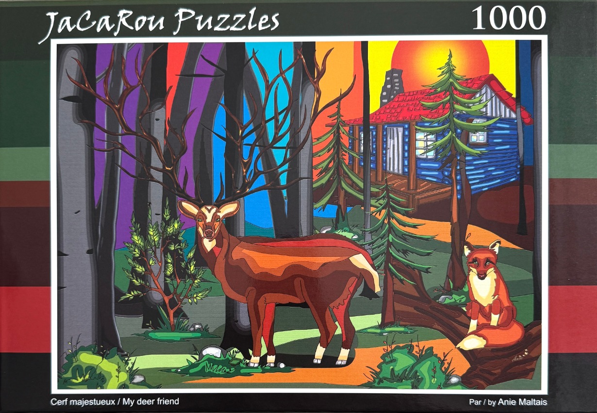 Stylized illustration of a majestic deer and a fox in a forest clearing near a cabin at sunset.