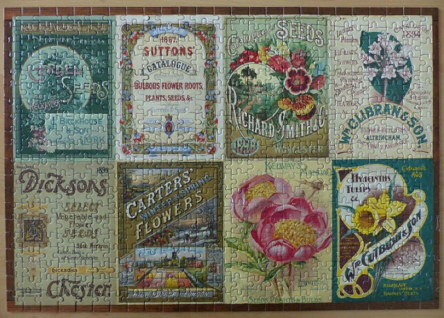 A vintage collage of Victorian-era gardening and seed catalog covers arranged in an eight-panel grid.