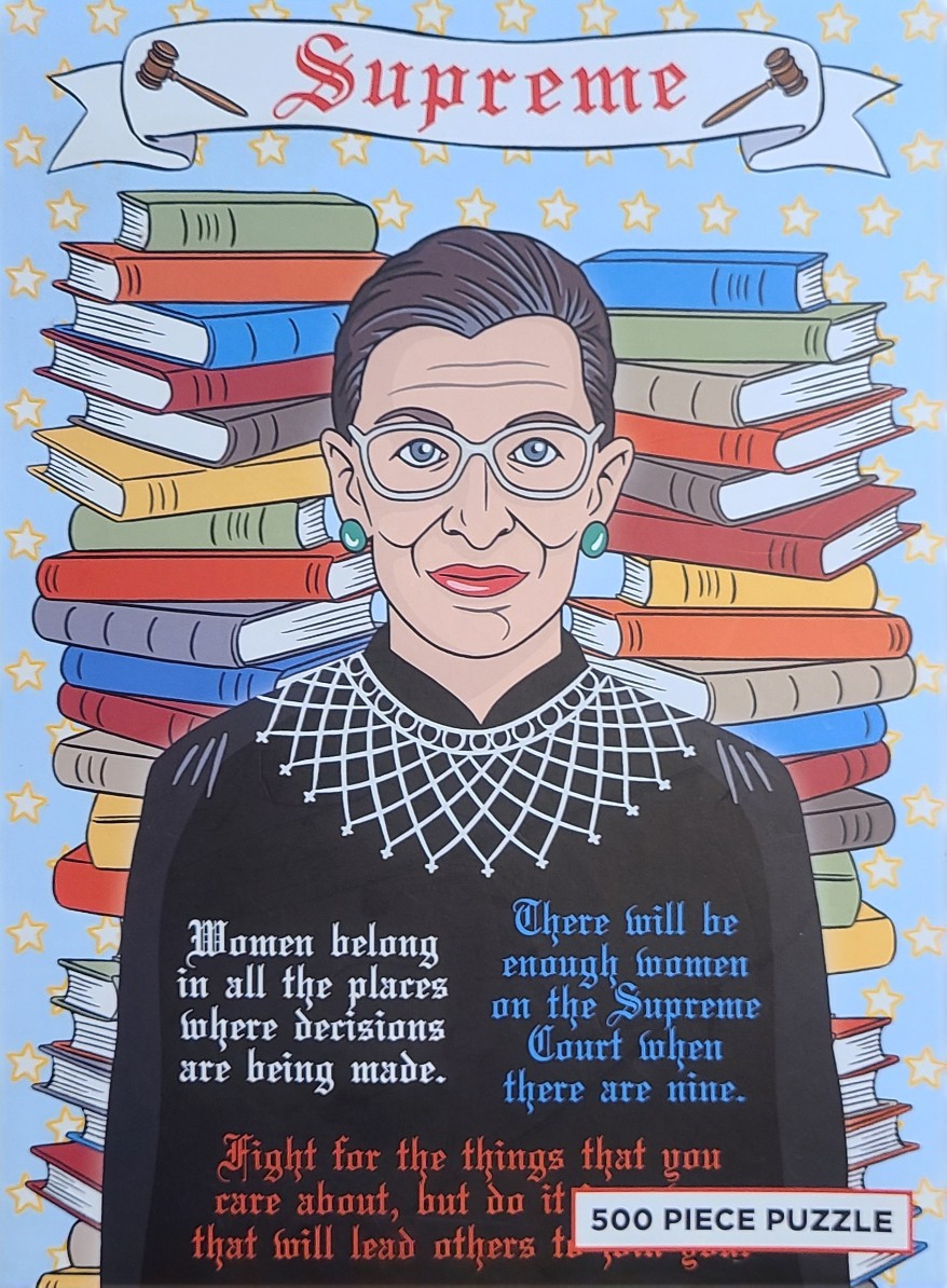 Illustration of Ruth Bader Ginsburg framed by stacked books and the word Supreme