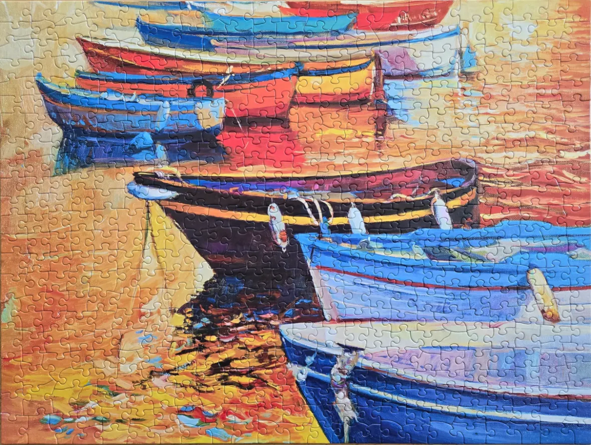 An impressionist-style painting of colorful fishing boats docked in golden harbor waters.