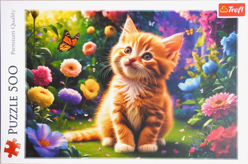 A fluffy orange tabby kitten sitting in a vibrant, sunlit flower garden with butterflies.