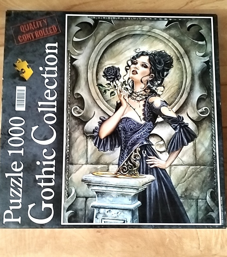 A gothic illustration of a woman in a dark corset dress holding a black rose next to a stone sundial.