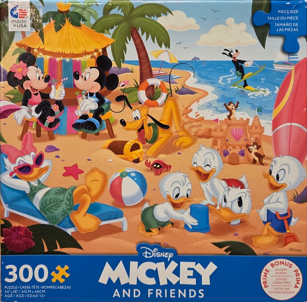 Mickey, Minnie, Pluto, Daisy, and the three ducklings enjoying a sunny day on a tropical beach.