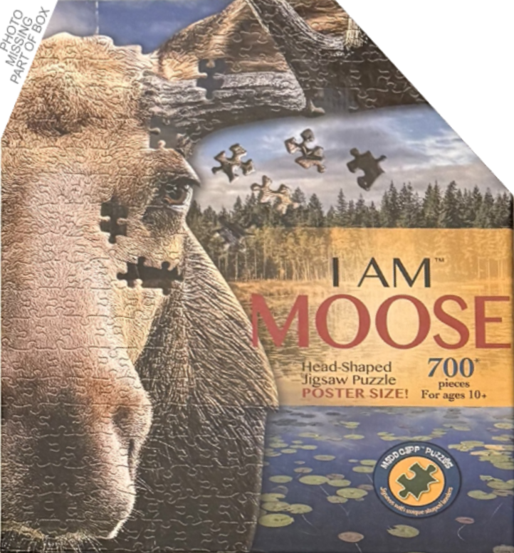 A close-up illustration of a moose head against a wilderness background of forest, water, and lily pads.