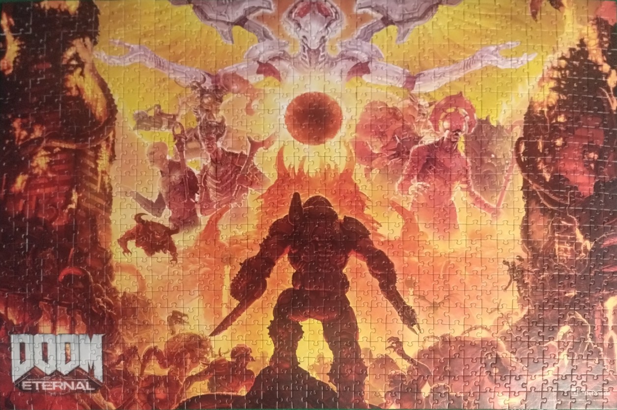 A heavily armed soldier standing before a glowing red sphere and demonic entities in a fiery hellscape.