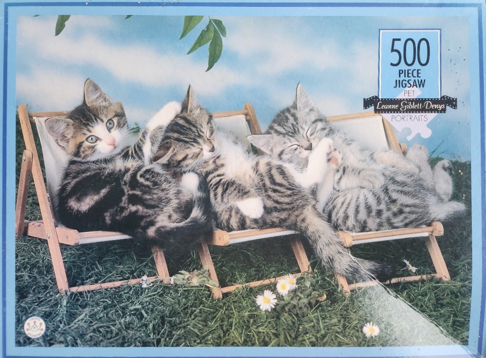 Three tabby kittens lounging in small wooden deck chairs on a grassy lawn.