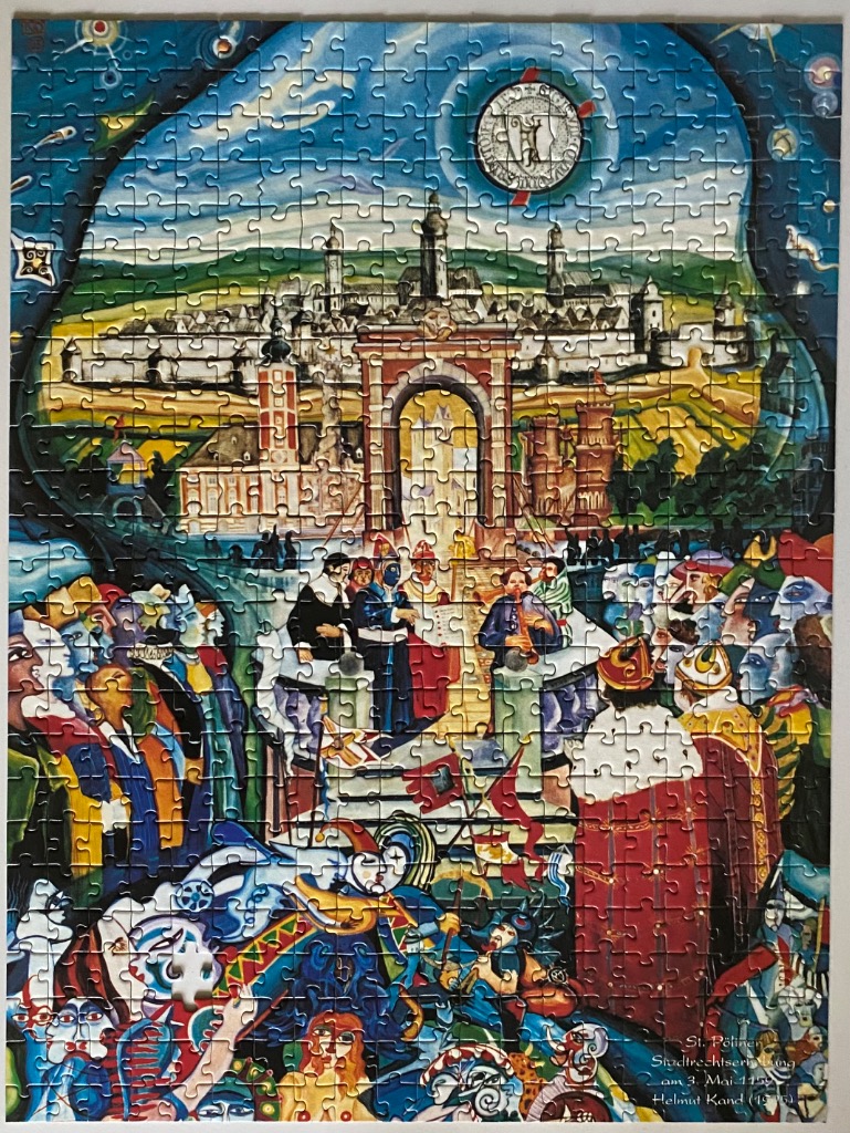 Surrealist painting depicting a historical city scene under a cosmic, abstract blue sky.