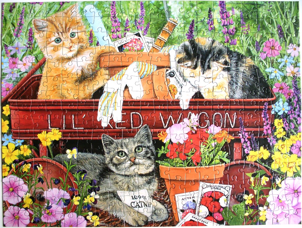 Three kittens sitting in and around a classic red wagon surrounded by garden flowers.