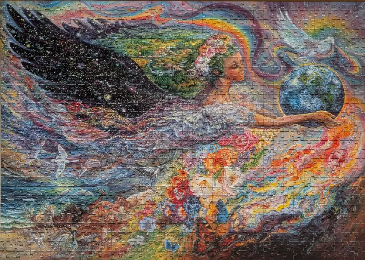 A celestial woman with a starry wing holds the Earth surrounded by flowers, birds, and vibrant, swirling colors.