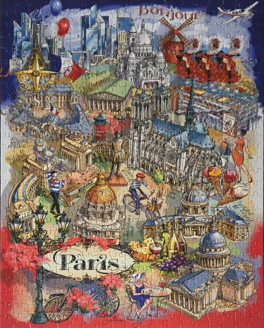 A whimsical illustration of Paris landmarks, culture, and street life in a vibrant, artistic style.