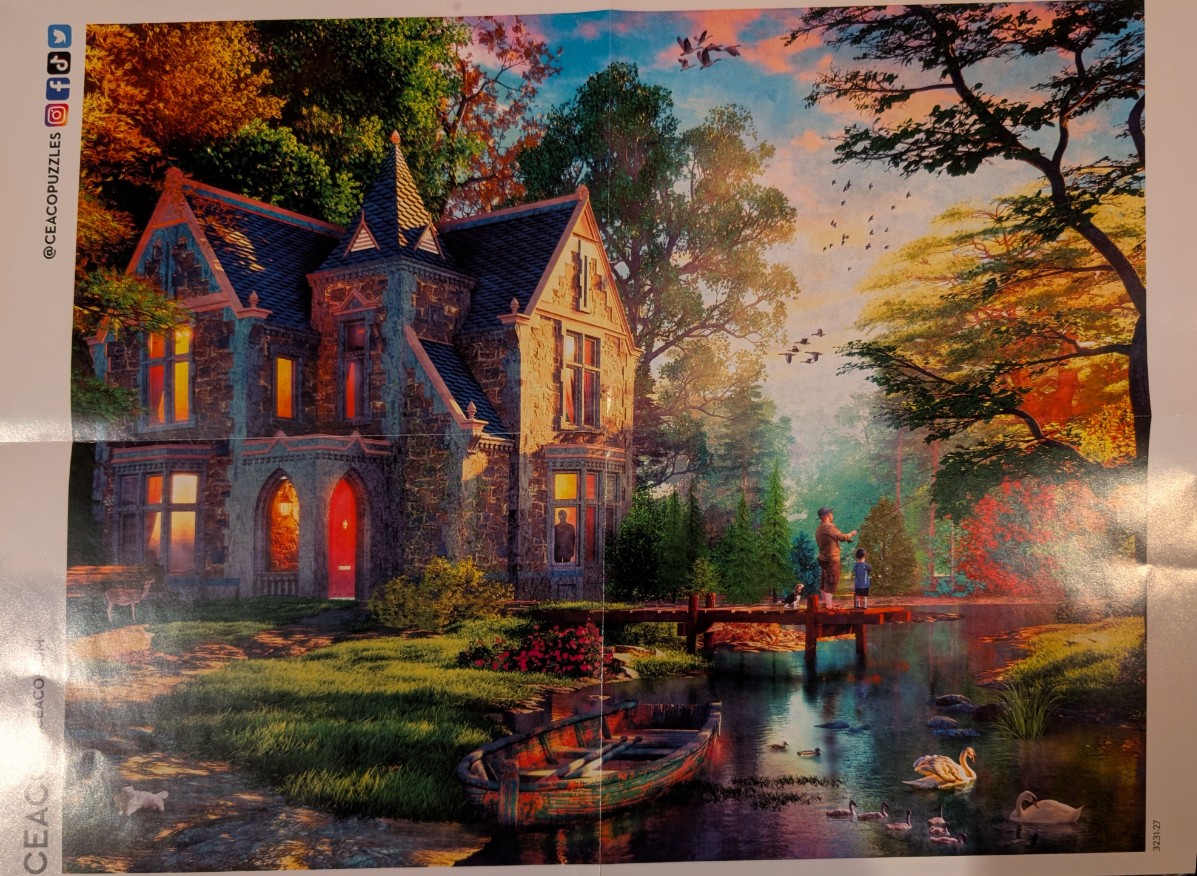 A stone cottage at sunset with a father and son fishing on a dock by a pond with swans.