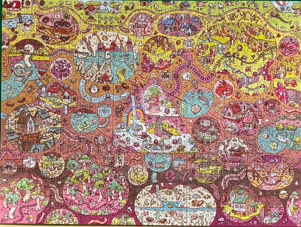 Whimsical, detailed cartoon scene with houses, mushrooms, and a rainbow. Vivid pinks, yellows, and greens.