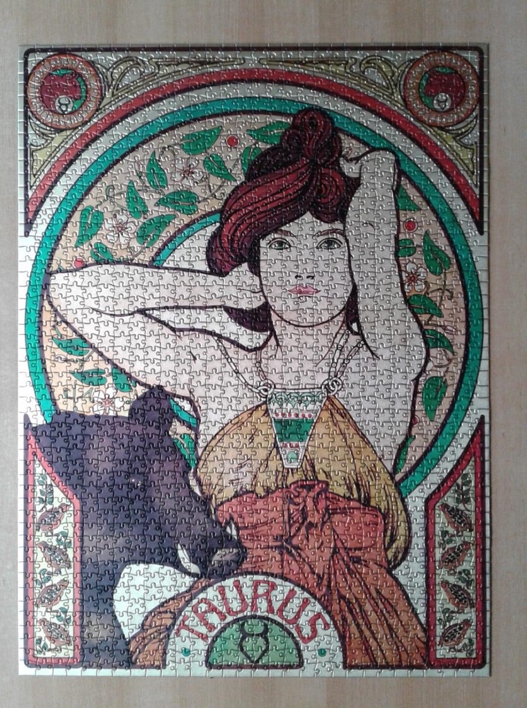 An Art Nouveau style illustration depicting a woman and a bull representing the Taurus zodiac sign.