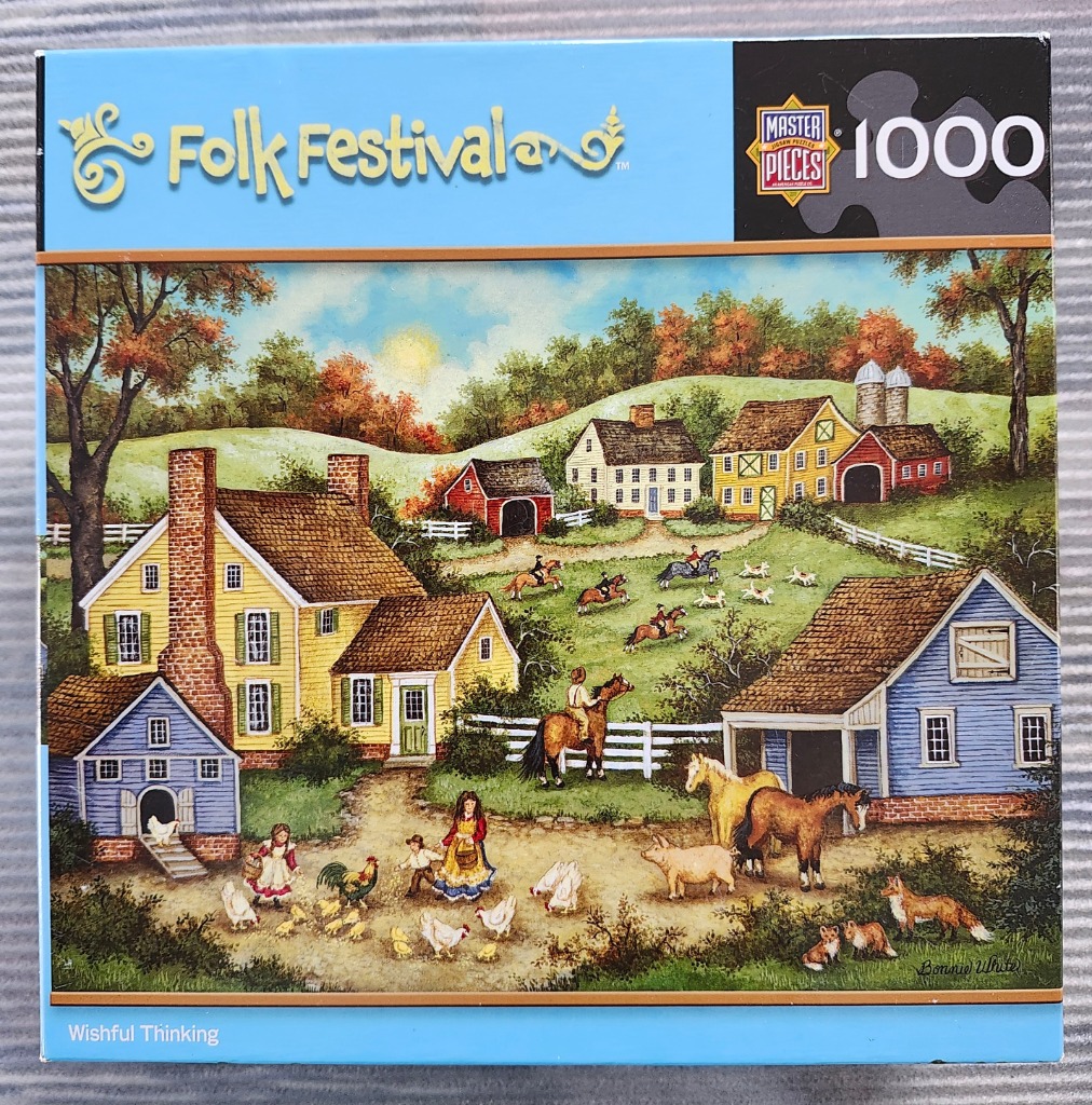 Folk art painting of a rural farm scene with houses, horses, and livestock under a sunny sky.