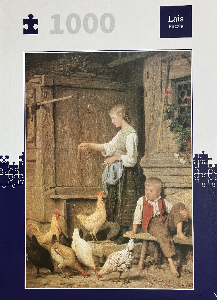 A pastoral oil painting of a girl feeding chickens with a young boy sitting on a bench nearby.