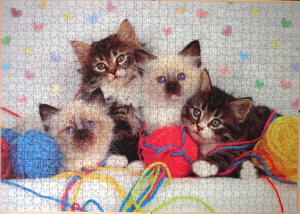 Four adorable kittens interacting with colorful balls of yarn against a light background with floating pastel hearts.