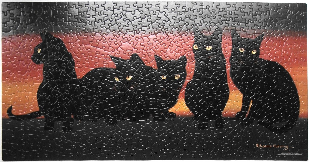 Five black cats sitting in a row against a gradient sunset background
