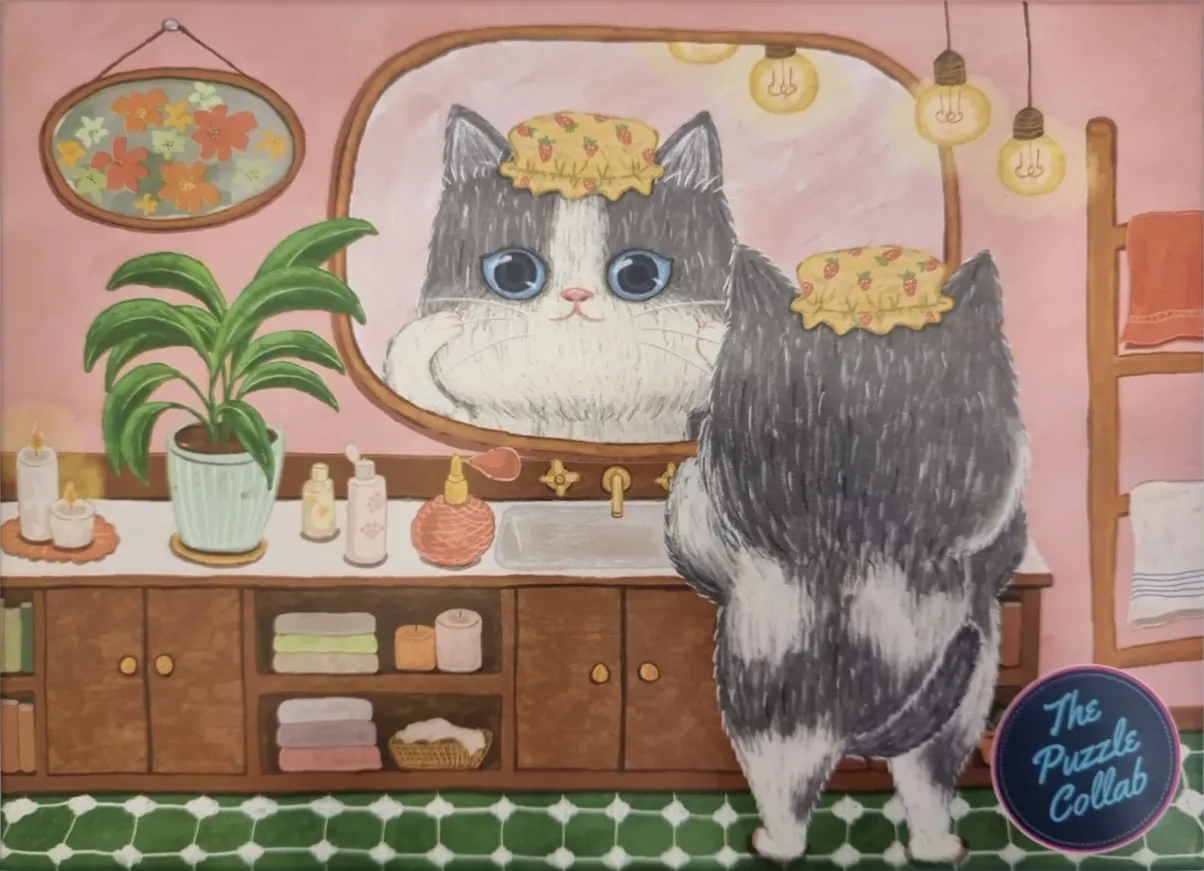 An illustration of a fluffy cat wearing a strawberry shower cap, looking at its reflection in a bathroom mirror.