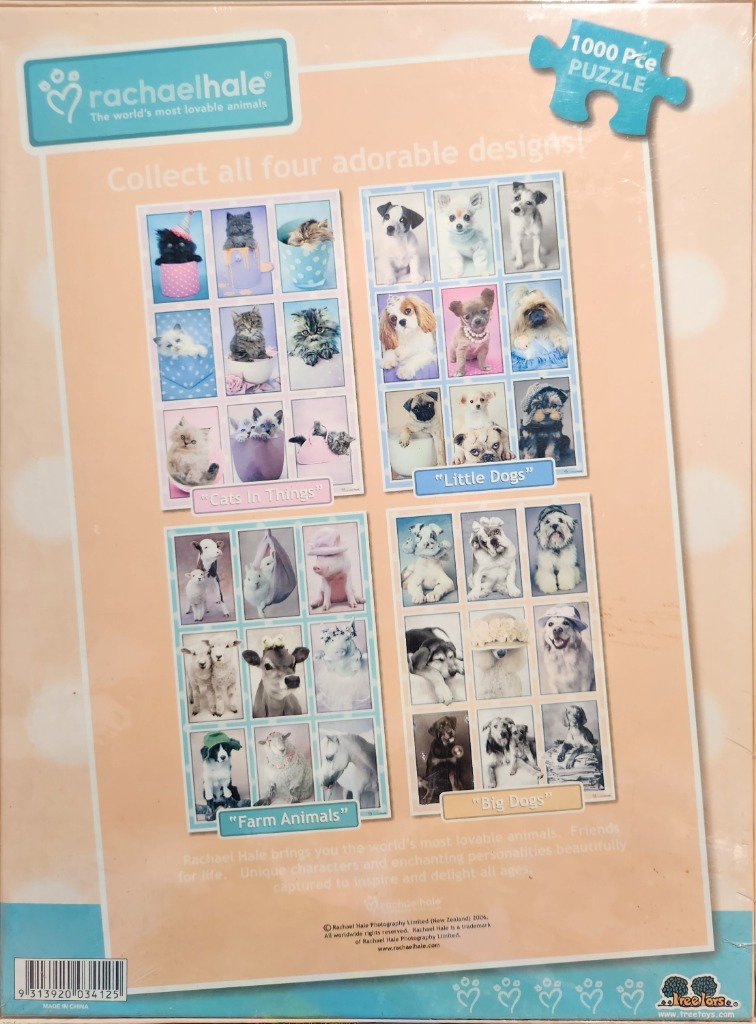 A collage featuring four themed collections of animal portraits, including kittens, small dogs, farm animals, and big dogs.