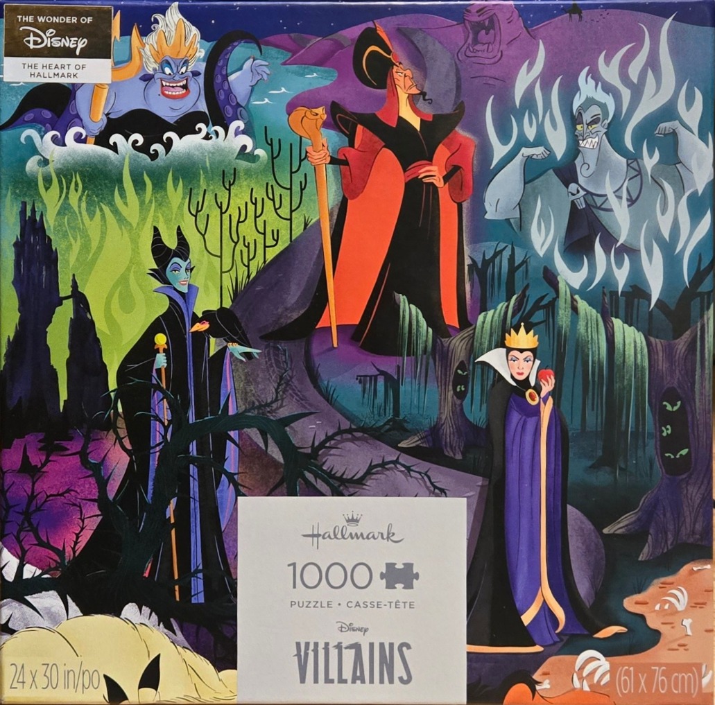 Collage of iconic Disney villains including Ursula, Jafar, Hades, Maleficent, and the Evil Queen in a dark, stylized scene.
