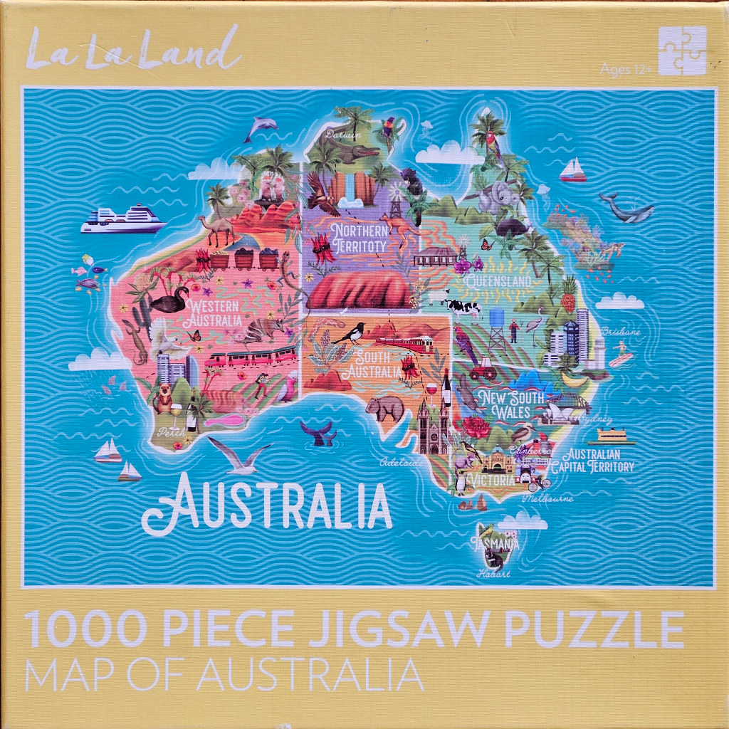 Illustrated map of Australia featuring diverse landmarks, wildlife, and regional icons on a bright blue background.