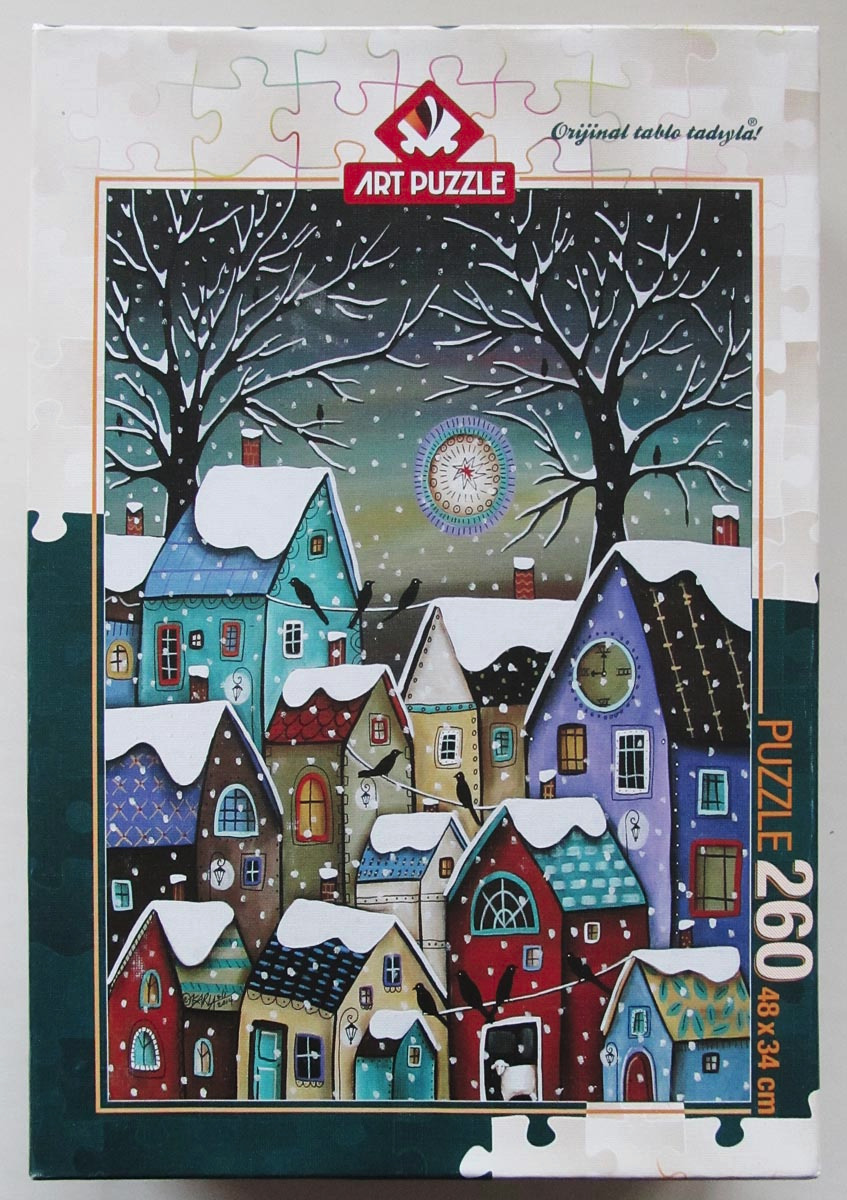 Whimsical folk art illustration of a snowy village at night with brightly coloured houses.