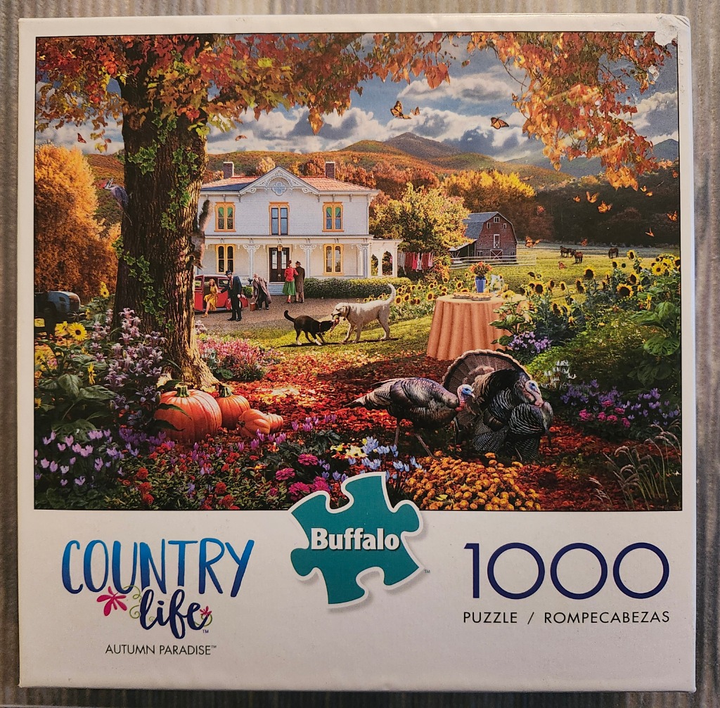 An autumn countryside scene featuring a white house, two wild turkeys, and fall foliage.