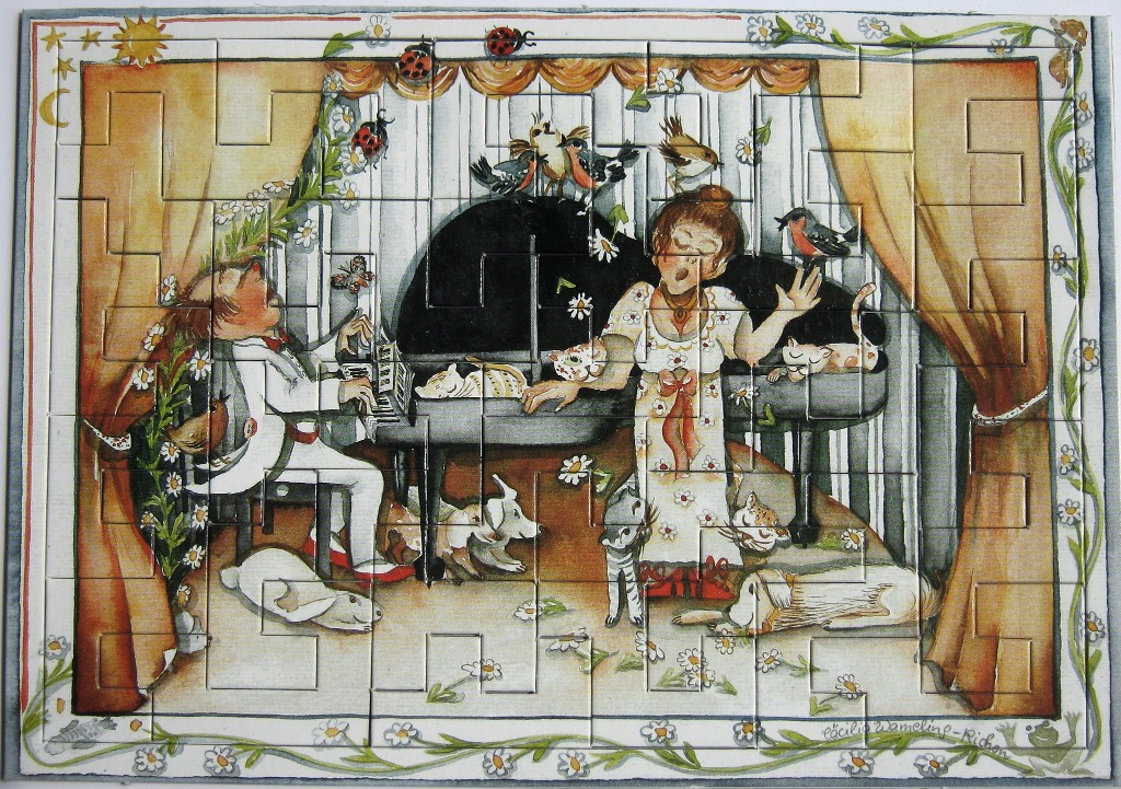 An illustration of a woman singing to a piano player surrounded by pets in a decorated room.