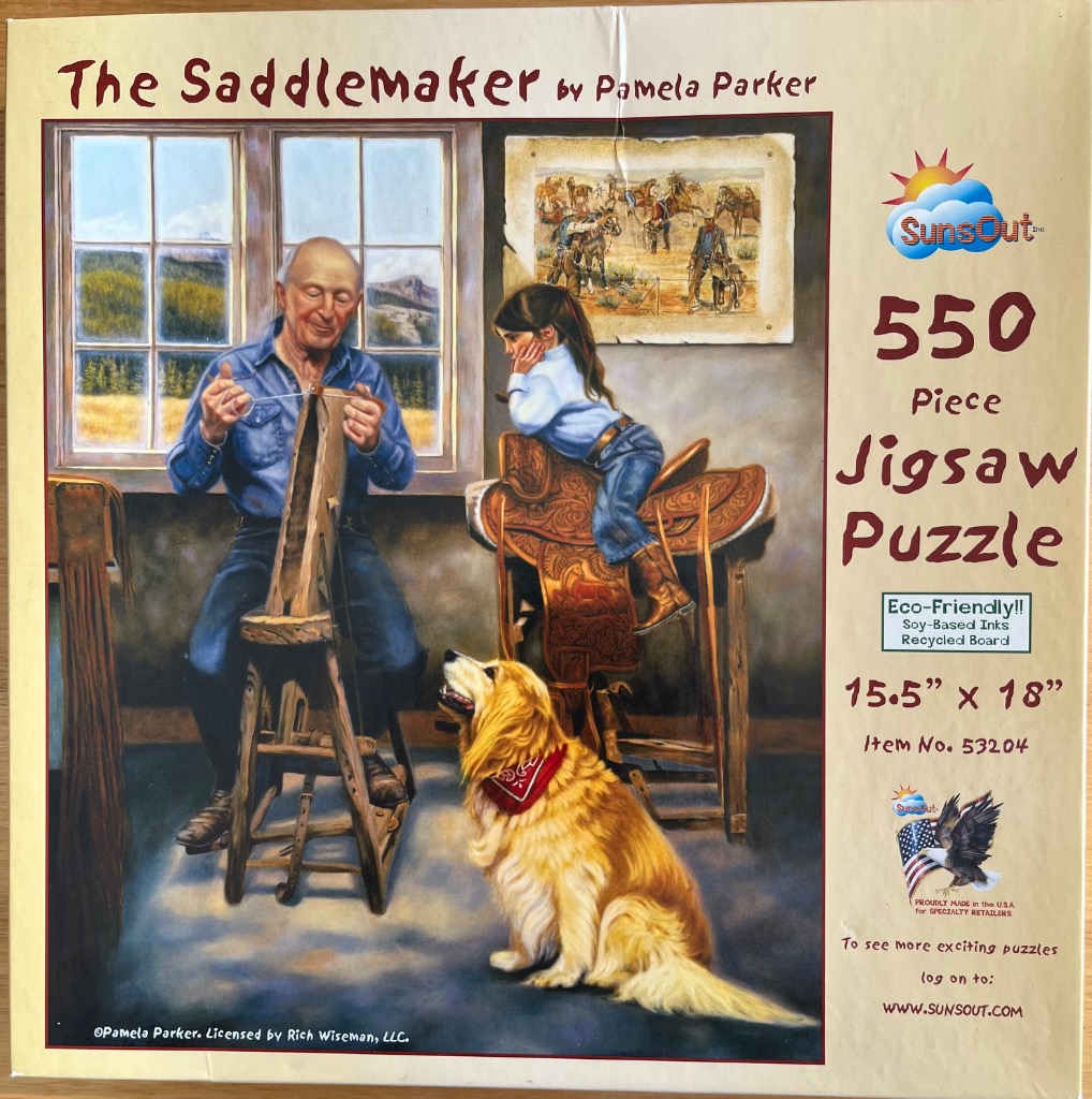 Painting of an elderly saddlemaker teaching a young girl in a sunlit workshop with a golden dog.