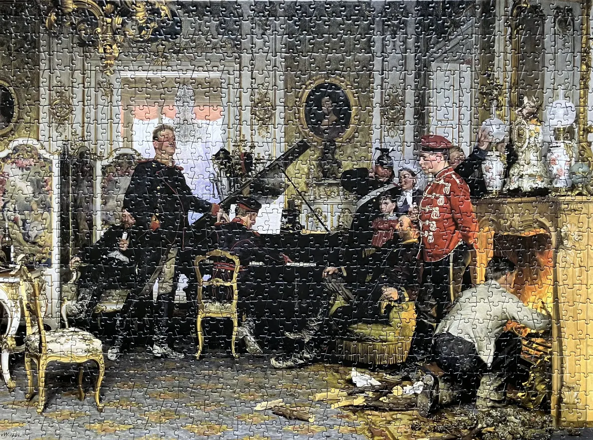 A 19th-century oil painting depicting officers in a luxurious, ornate room with a fireplace.