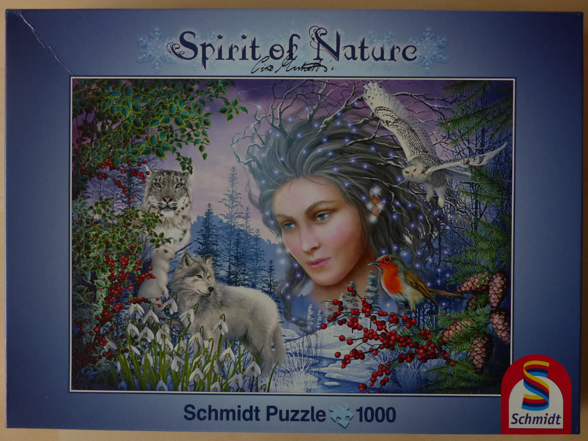 Fantasy illustration of a nature spirit surrounded by winter wildlife including a lynx, wolf, owl, and robin.