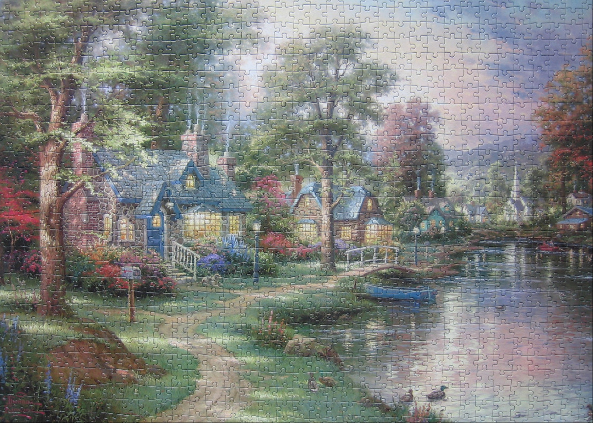 A peaceful riverside village scene with a cozy stone cottage, winding path, and glowing windows at twilight.