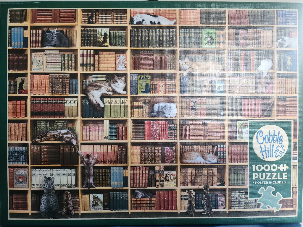 A tall bookshelf filled with rows of old books and numerous cats in various resting positions.